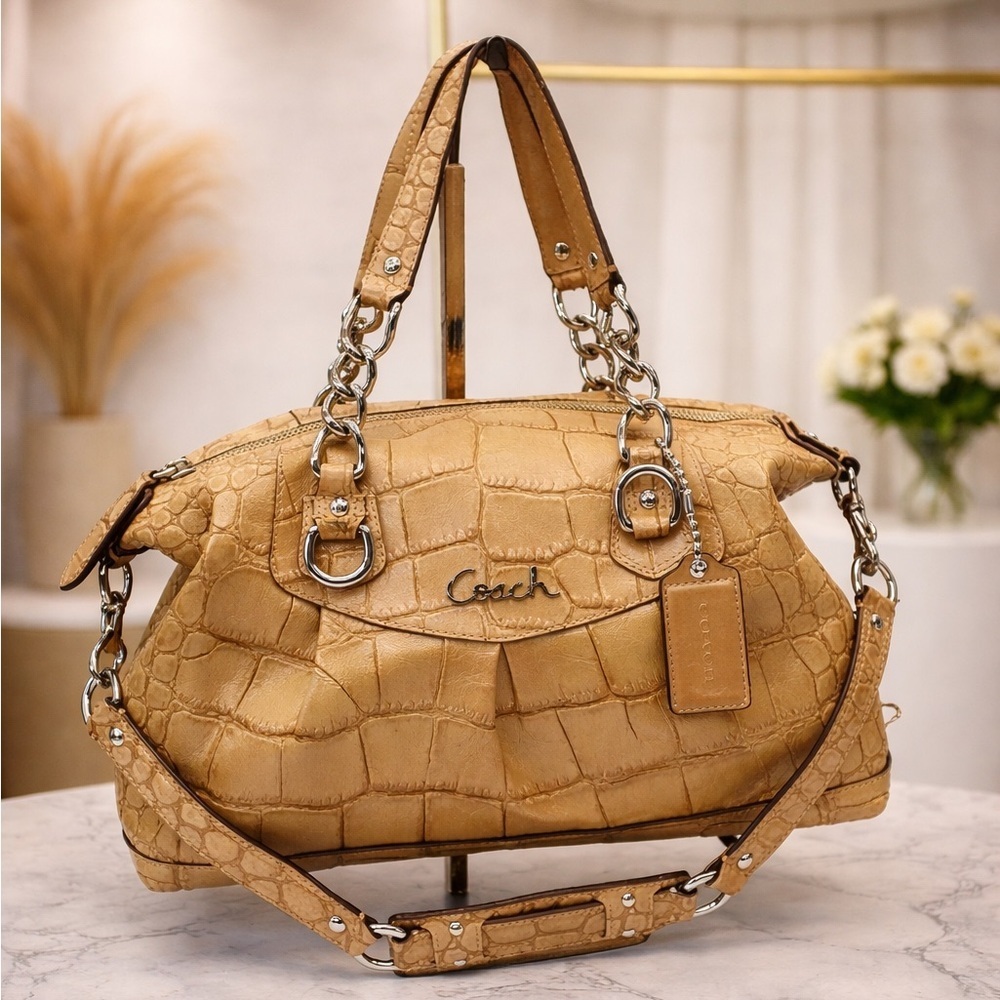 RARE COACH ASHLEY SATCHEL FAUX CROC TAN CAMEL HAND SHOULDER BAG FALL RETIRED GUC